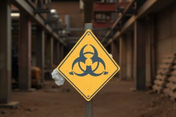 Biohazard warning sign in industrial area
